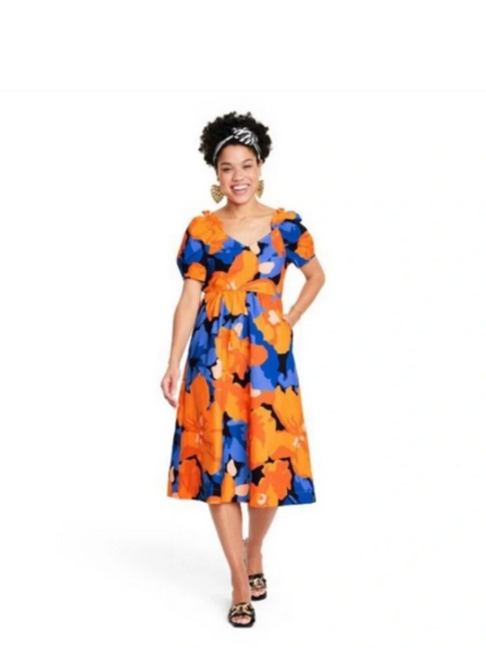Tabitha Brown for Target Floral Print Puff Sleeve Tie-Back Midi Dress Size 0